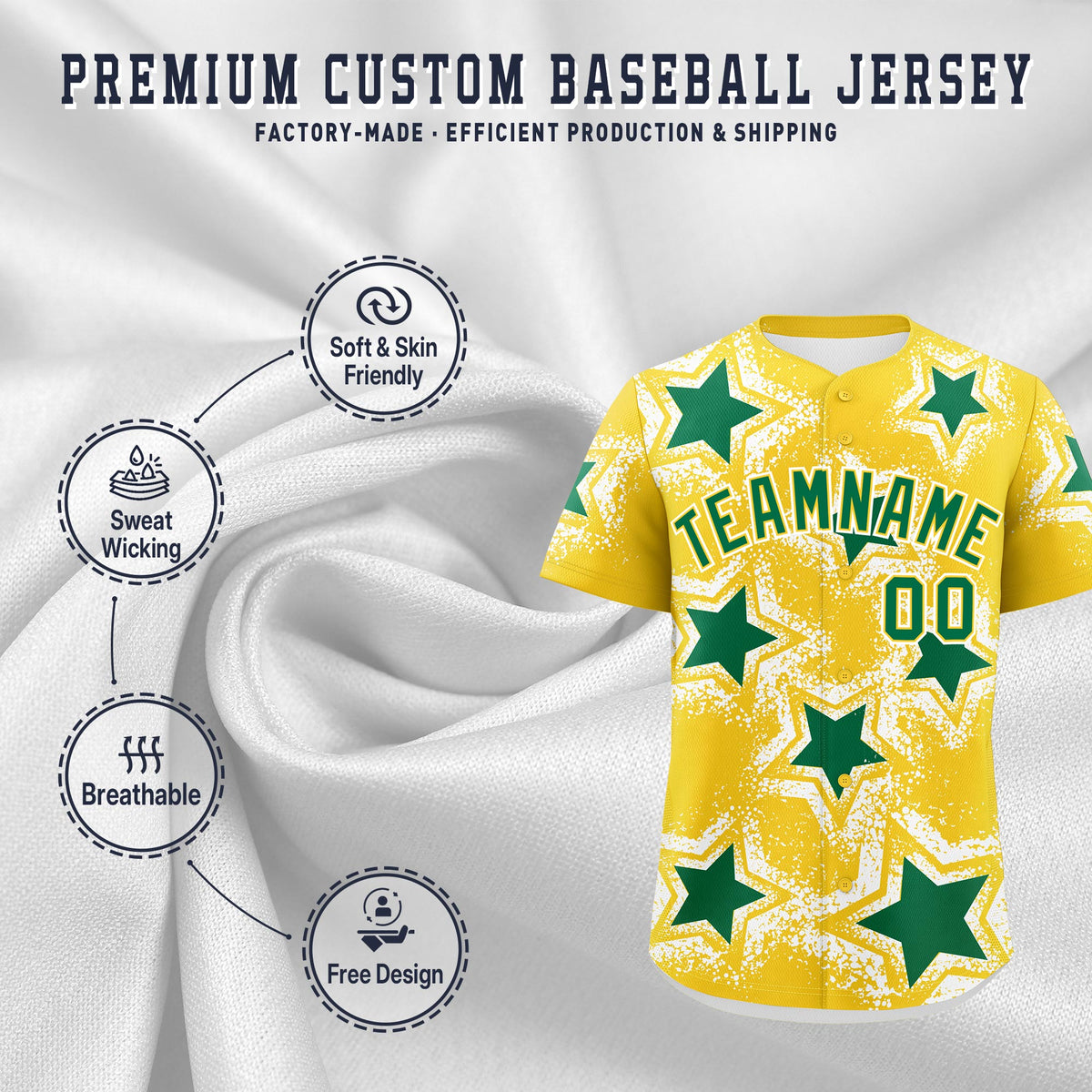 Custom Gold White Kelly Green Star Graffiti Team Baseball Jerseys With Custom Names, Numbers &amp; Logos Lightweight Baseball Jersey| KXKSHOP