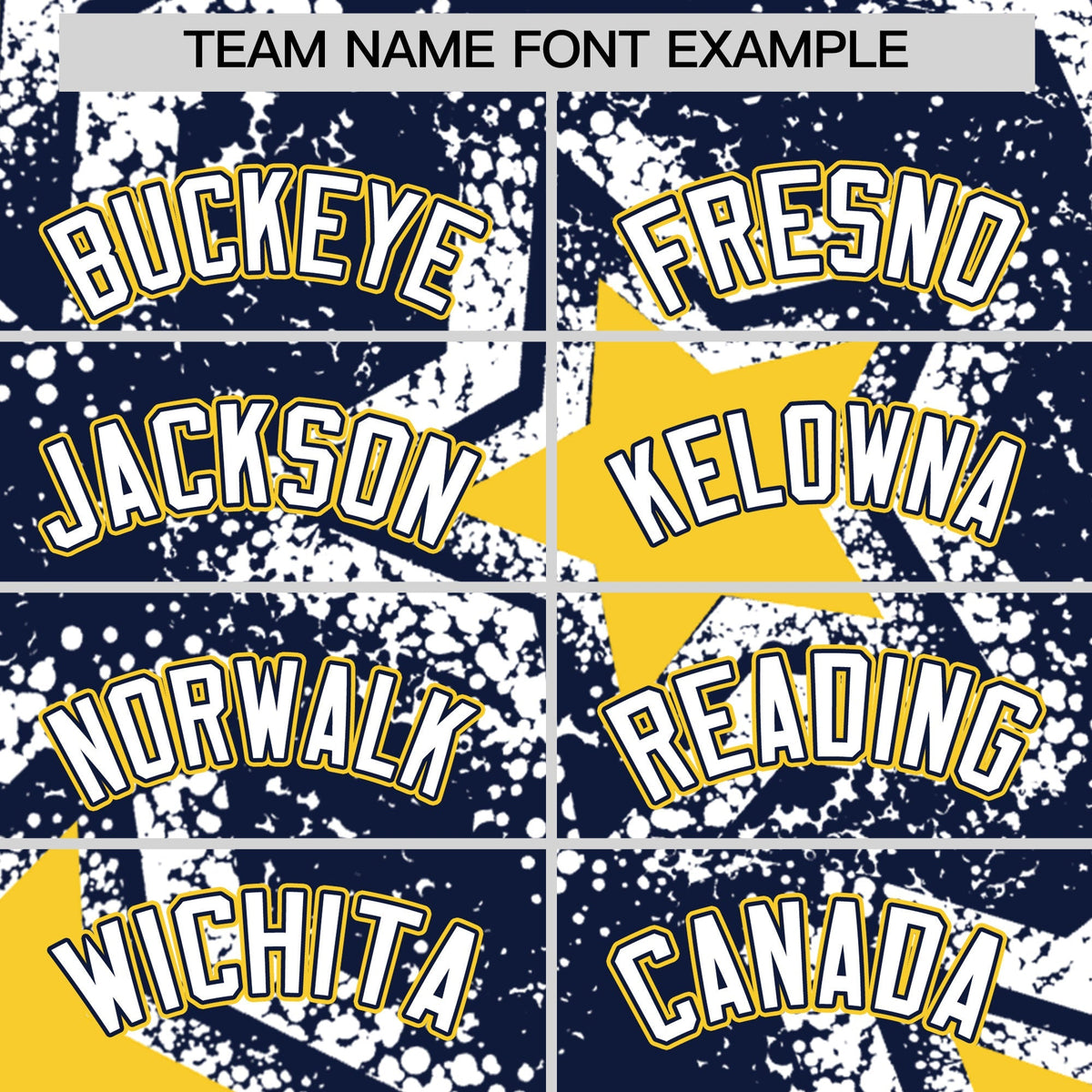 Custom Navy White Gold Star Graffiti Team Baseball Jerseys With Custom Names, Numbers &amp; Logos Stretch Fabric Baseball Jersey| KXKSHOP