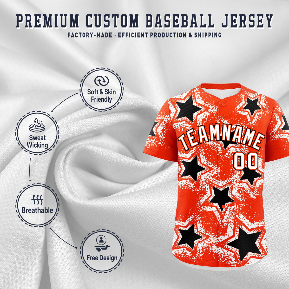 Custom Orange White Black Star Graffiti Team Baseball Jerseys With Custom Names, Numbers & Logos Stretch Fabric Baseball Jersey| KXKSHOP