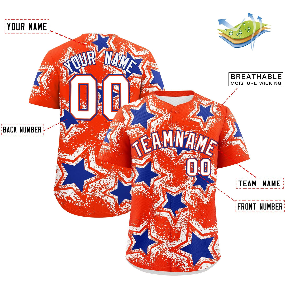 Custom Orange White Royal Blue Star Graffiti Team Baseball Jerseys With Custom Names, Numbers & Logos Lightweight Baseball Jersey| KXKSHOP