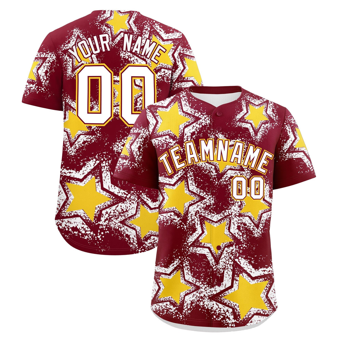 Custom Crimson White Gold Star Graffiti Team Baseball Jerseys With Custom Names, Numbers & Logos Stretch Fabric Baseball Jersey| KXKSHOP