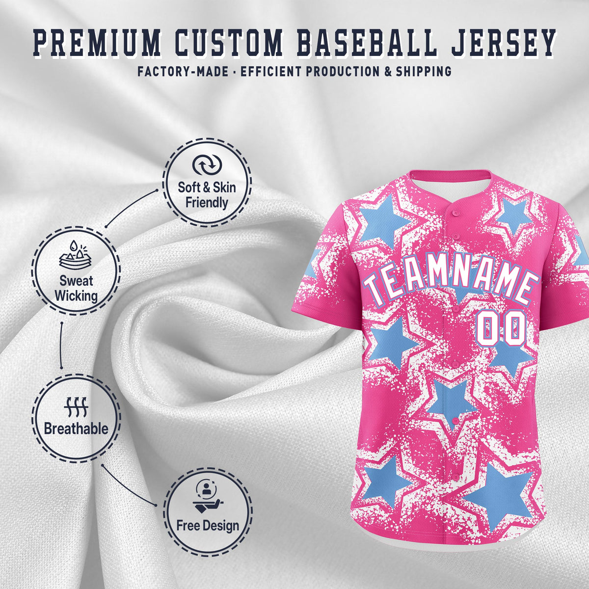 Custom Pink White Light Blue Star Graffiti Team Baseball Jerseys With Custom Names, Numbers & Logos Lightweight Baseball Jersey| KXKSHOP
