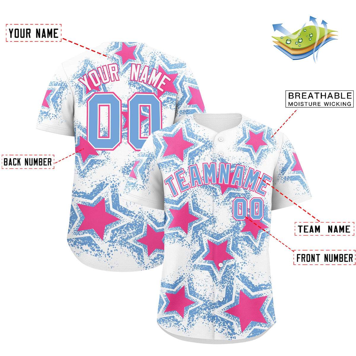 Custom White Light Blue Pink Star Graffiti Team Baseball Jerseys With Custom Names, Numbers & Logos Stretch Fabric Baseball Jersey| KXKSHOP