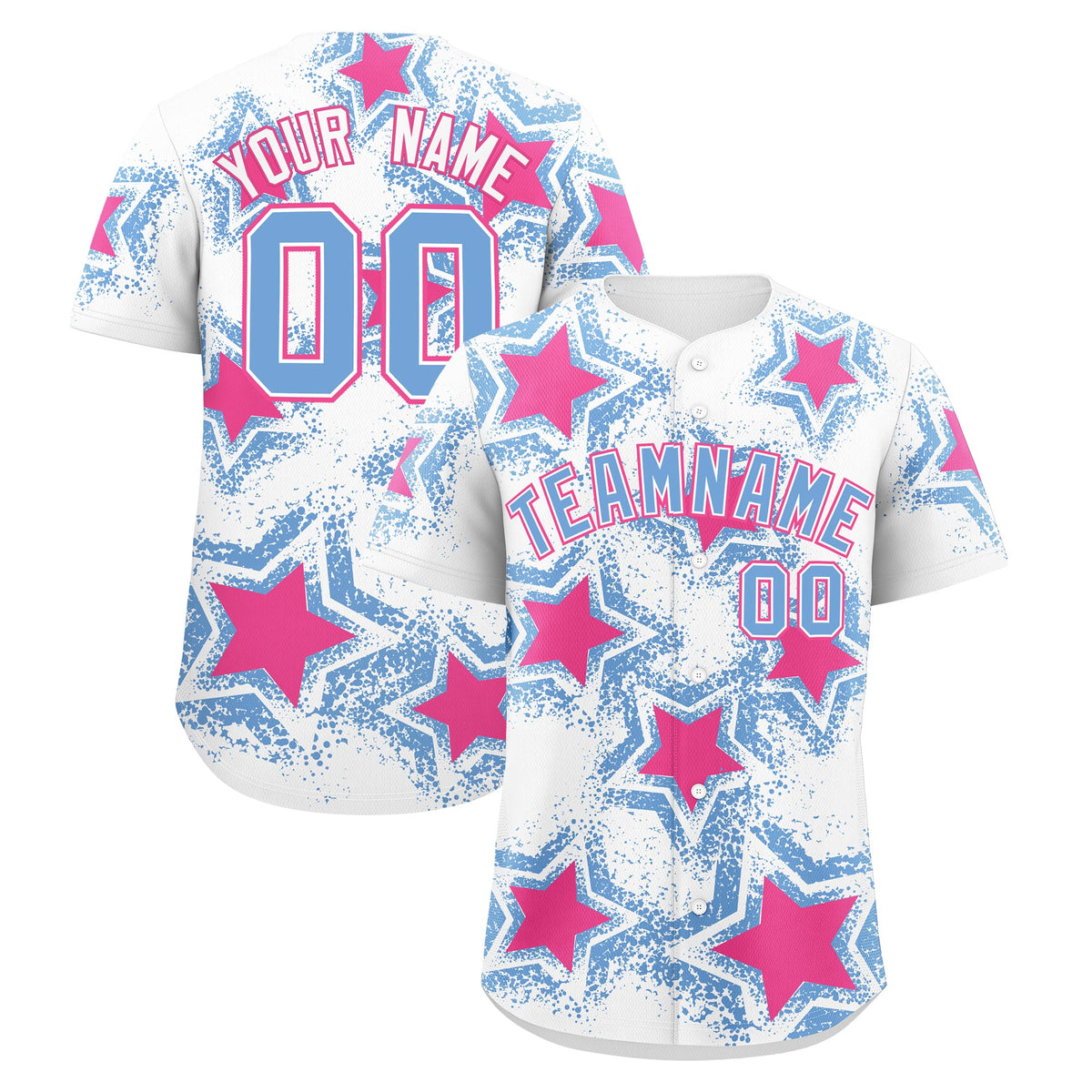 Custom White Light Blue Pink Star Graffiti Team Baseball Jerseys With Custom Names, Numbers & Logos Stretch Fabric Baseball Jersey| KXKSHOP