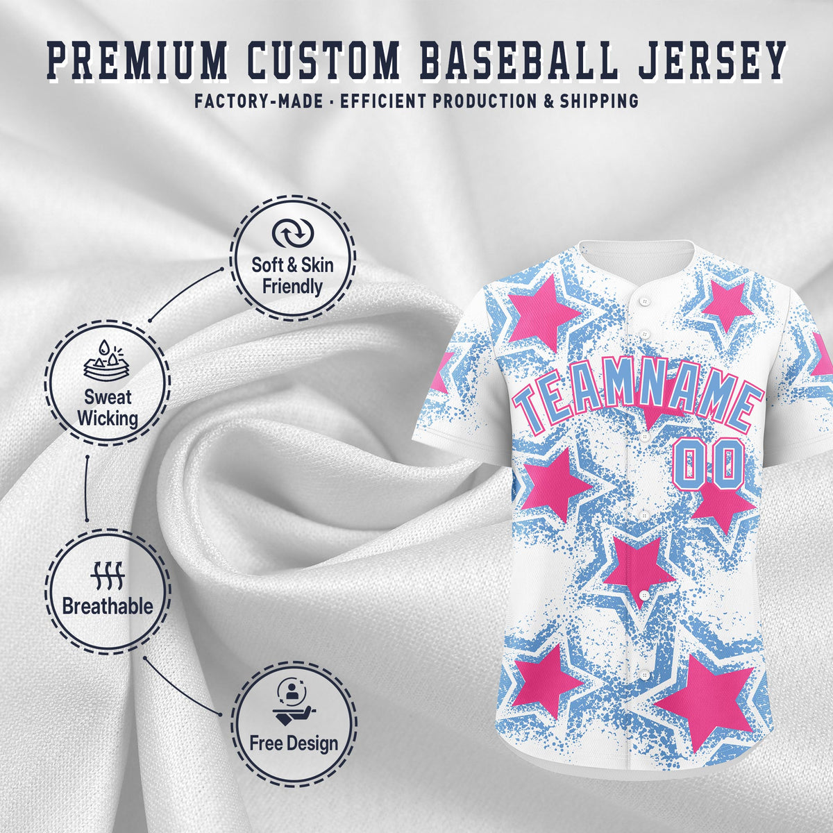 Custom White Light Blue Pink Star Graffiti Team Baseball Jerseys With Custom Names, Numbers &amp; Logos Stretch Fabric Baseball Jersey| KXKSHOP