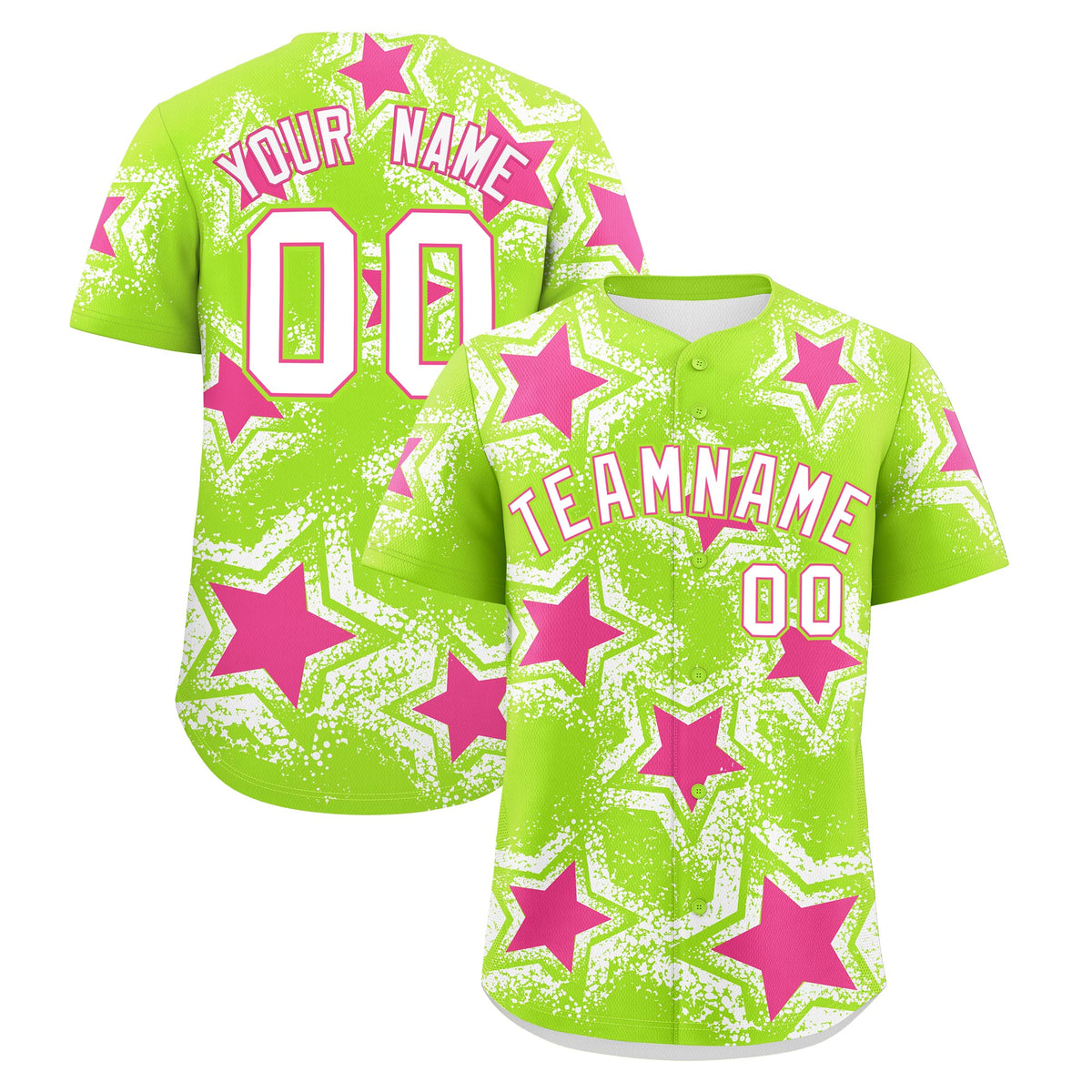 Custom Neon Green White Pink Star Graffiti Team Baseball Jerseys With Custom Names, Numbers & Logos Stretch Fabric Baseball Jersey| KXKSHOP