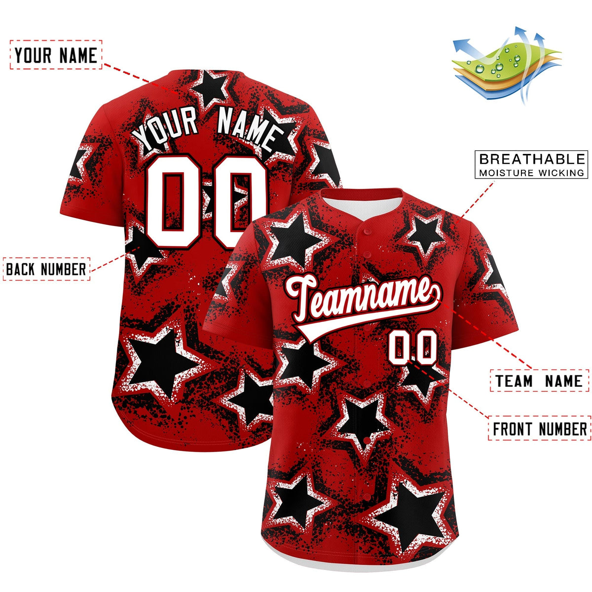 Custom Red Black White Star Graffiti Team Baseball Jerseys With Custom Names, Numbers &amp; Logos Lightweight Baseball Jersey| KXKSHOP