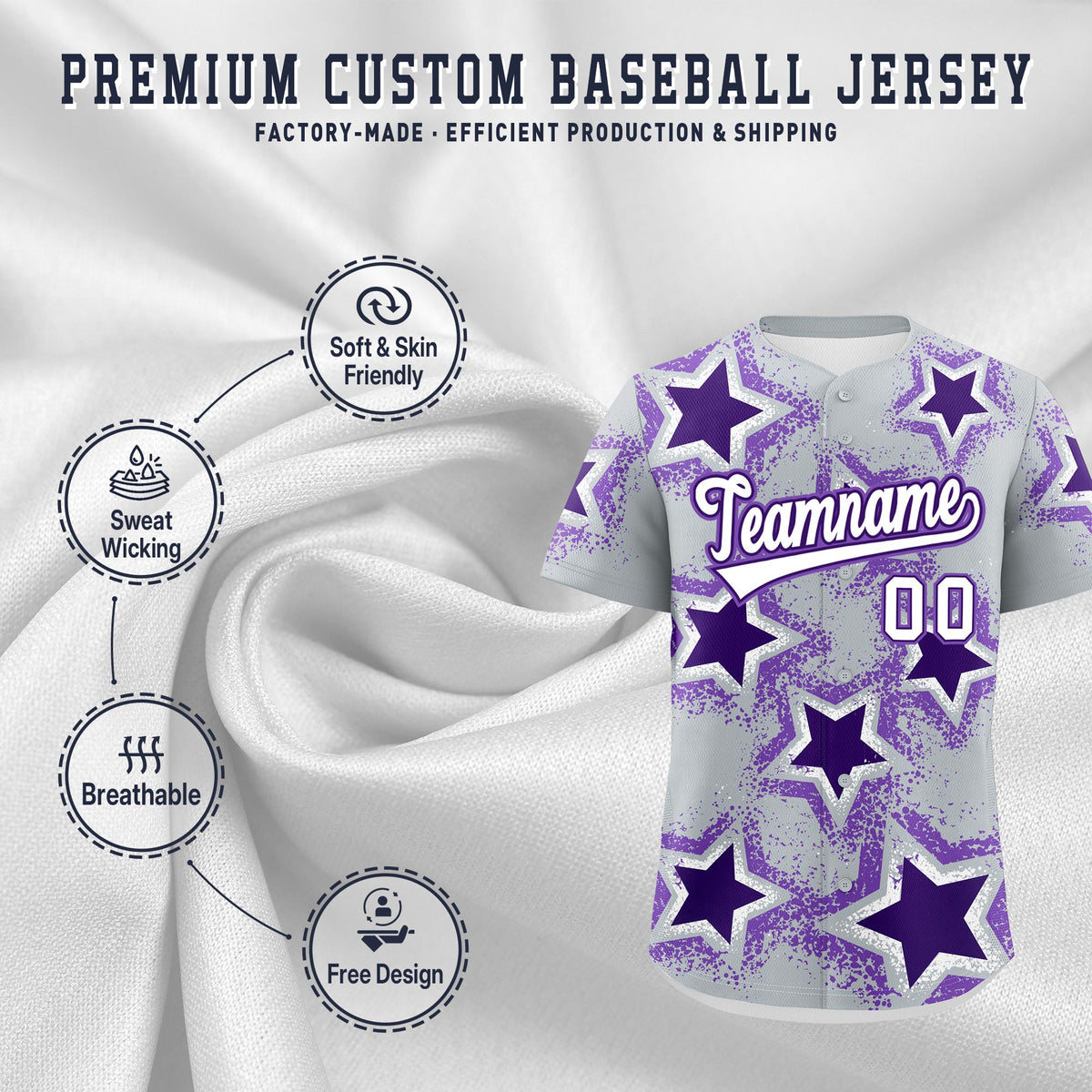 Custom Silver Purple White Star Graffiti Team Baseball Jerseys With Custom Names, Numbers &amp; Logos Lightweight Baseball Jersey| KXKSHOP