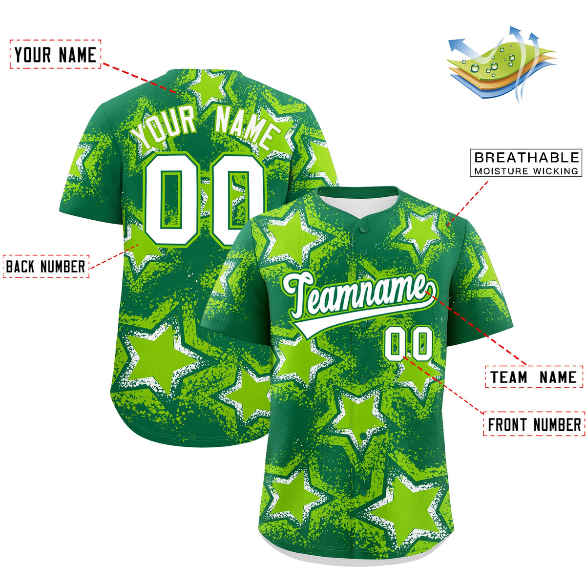 Custom Kelly Green Neon Green White Star Graffiti Team Baseball Jerseys With Custom Names, Numbers & Logos Stretch Fabric Baseball Jersey| KXKSHOP