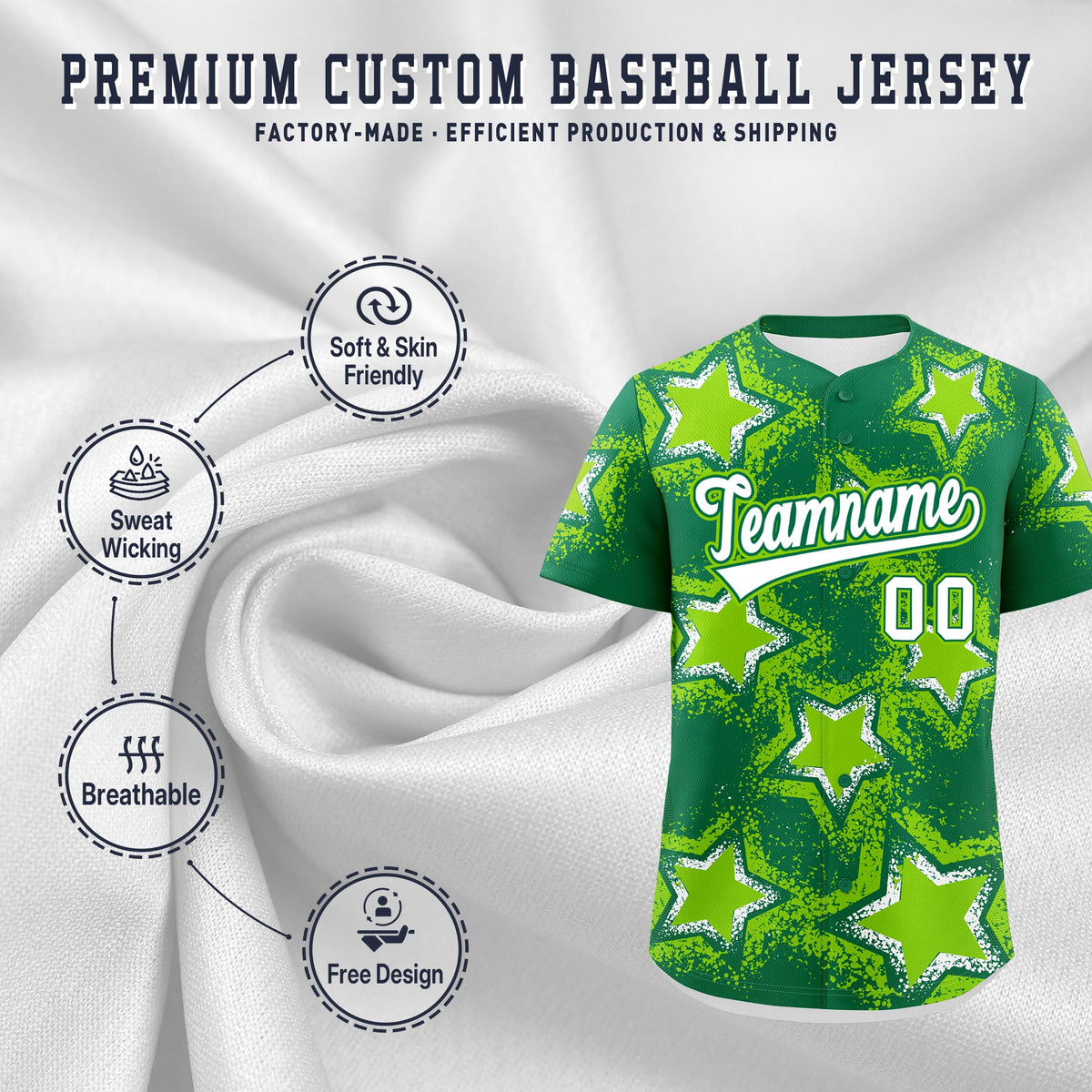 Custom Kelly Green Neon Green White Star Graffiti Team Baseball Jerseys With Custom Names, Numbers &amp; Logos Stretch Fabric Baseball Jersey| KXKSHOP