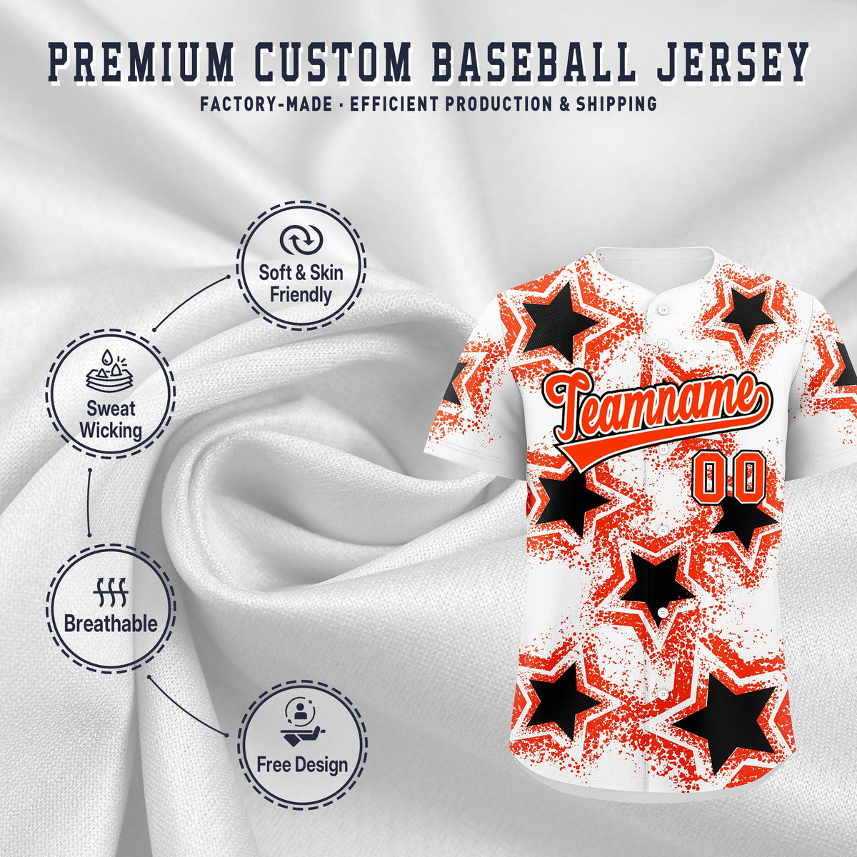 Custom White Black Orange Star Graffiti Team Baseball Jerseys With Custom Names, Numbers & Logos Lightweight Baseball Jersey| KXKSHOP