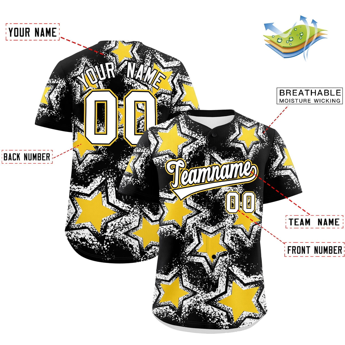 Custom Black Gold White Star Graffiti Team Baseball Jerseys With Custom Names, Numbers &amp; Logos Lightweight Baseball Jersey| KXKSHOP