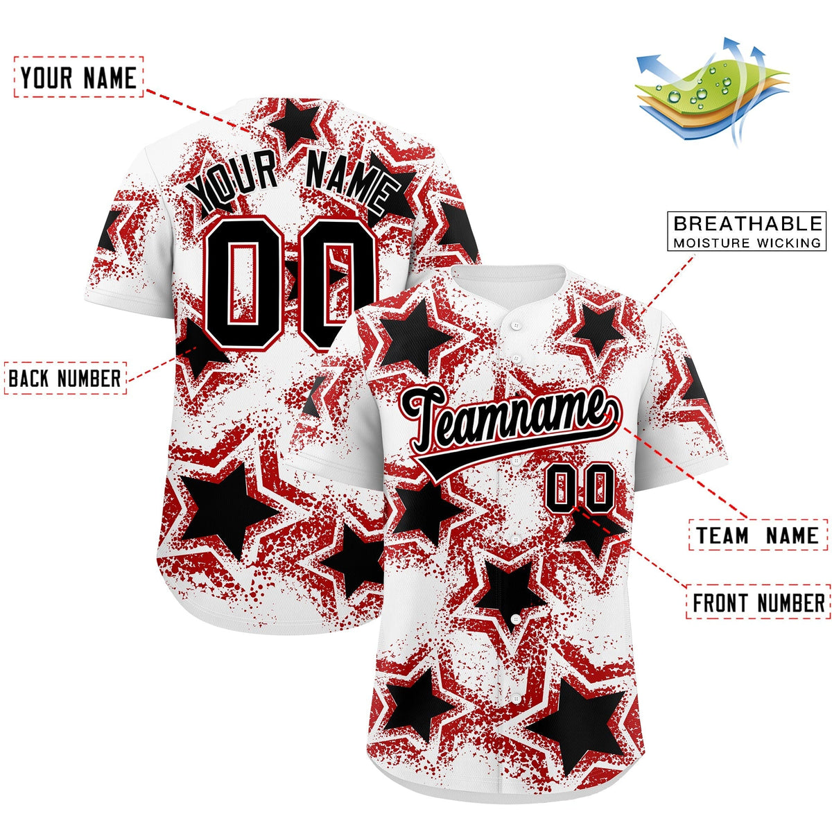Custom White Black Red Star Graffiti Team Baseball Jerseys With Custom Names, Numbers &amp; Logos Stretch Fabric Baseball Jersey| KXKSHOP