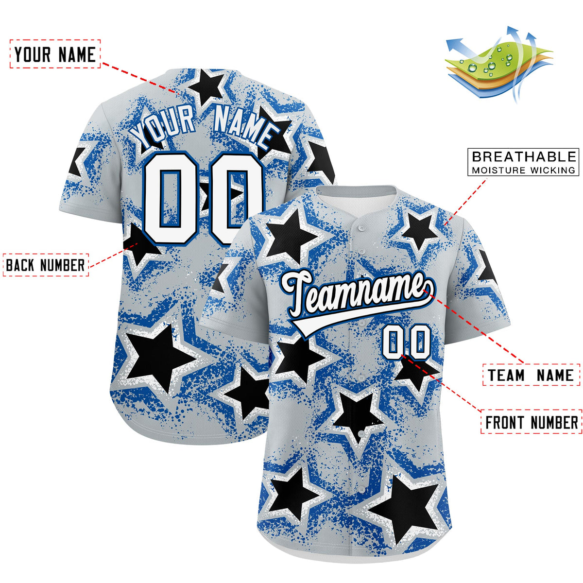 Custom Silver Black Royal Star Graffiti Team Baseball Jerseys With Custom Names, Numbers &amp; Logos Lightweight Baseball Jersey| KXKSHOP