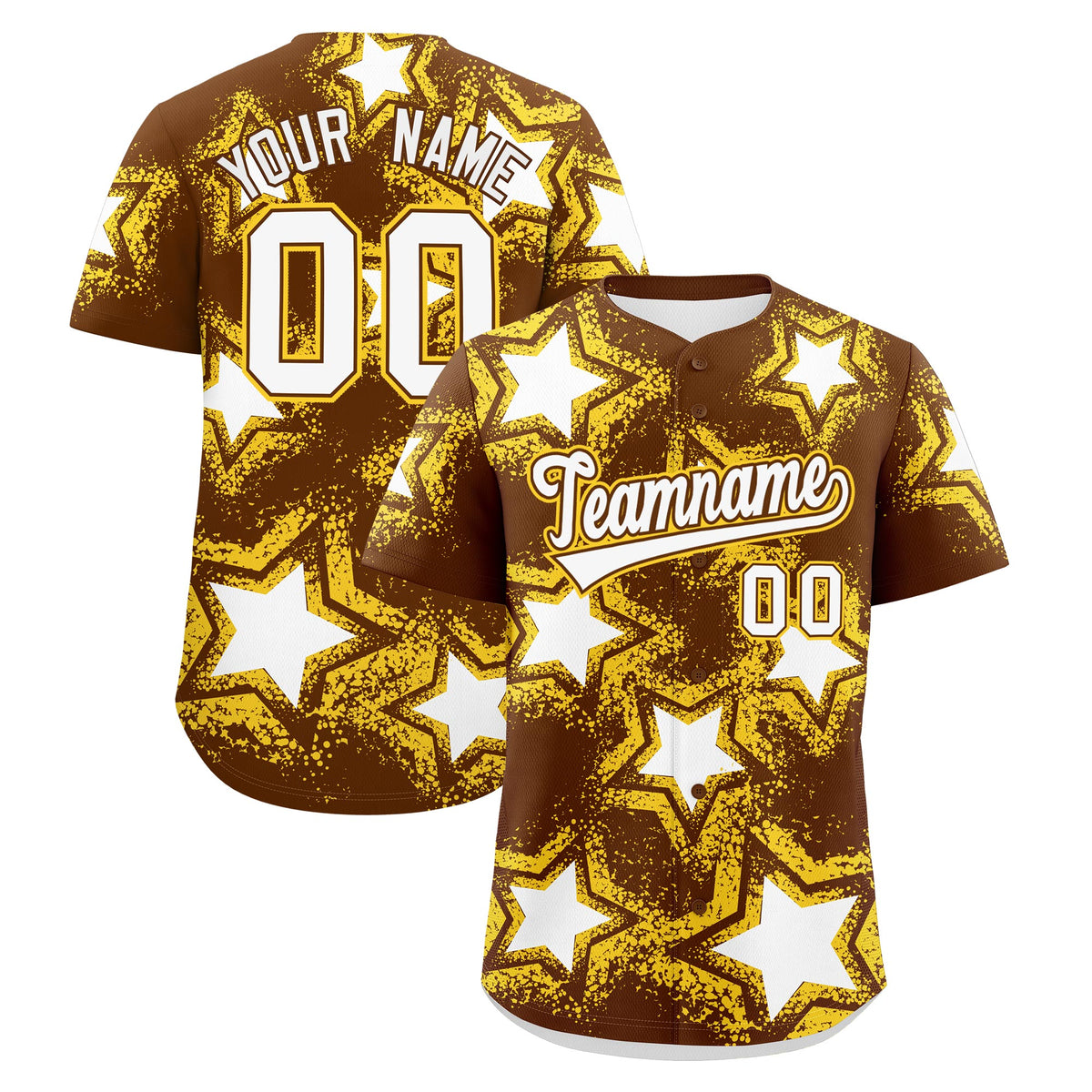 Custom Brown Gold White Star Graffiti Team Baseball Jerseys With Custom Names, Numbers & Logos Stretch Fabric Baseball Jersey| KXKSHOP