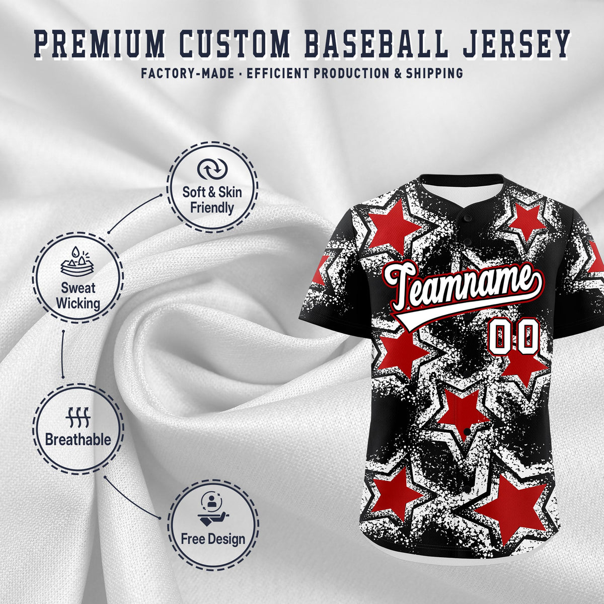 Custom Black White Red Star Graffiti Team Baseball Jerseys With Custom Names, Numbers &amp; Logos Lightweight Baseball Jersey| KXKSHOP