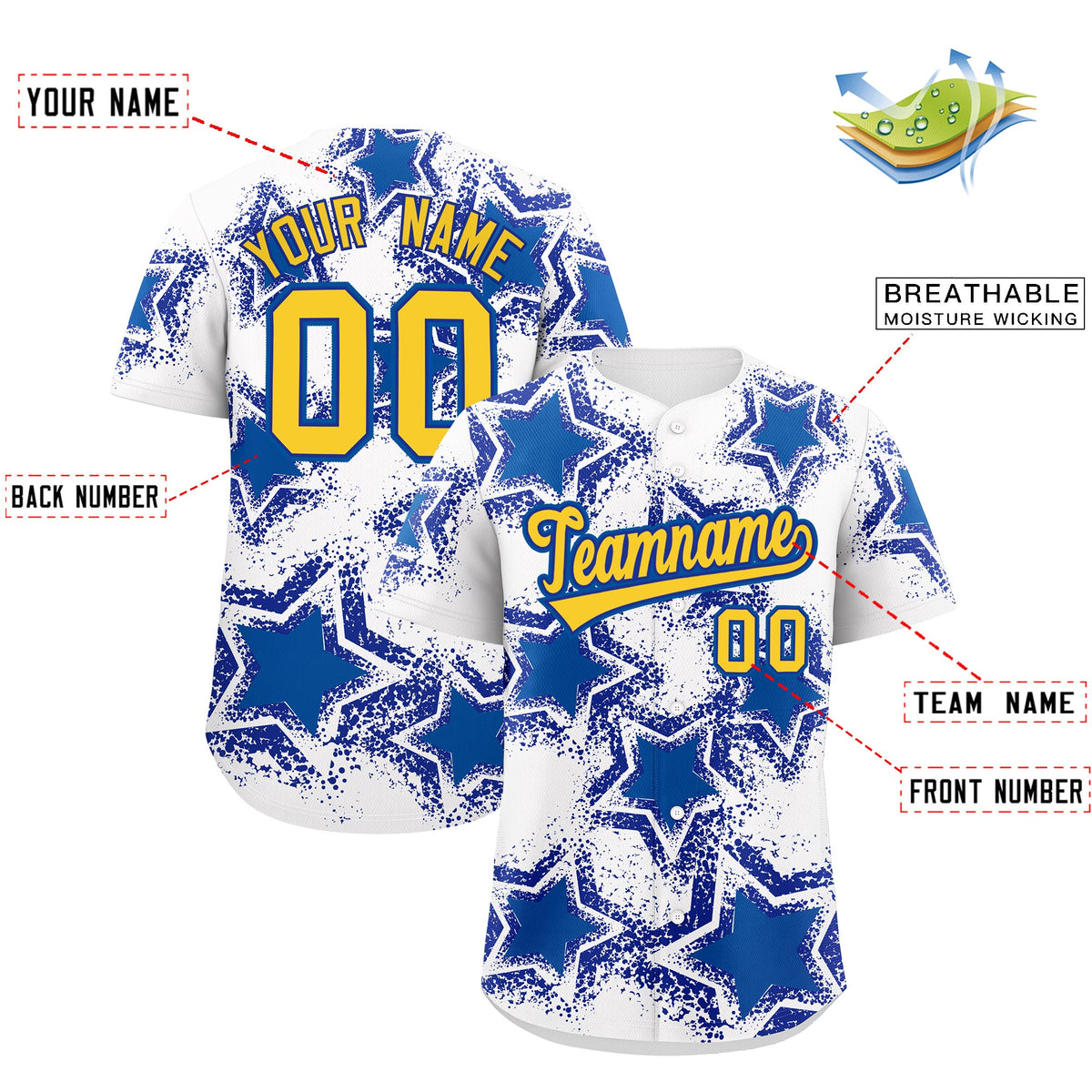 Custom White Royal Blue Royal Star Graffiti Team Baseball Jerseys With Custom Names, Numbers &amp; Logos Stretch Fabric Baseball Jersey| KXKSHOP