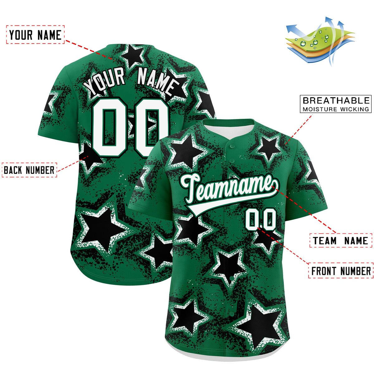 Custom Kelly Green White Black Star Graffiti Team Baseball Jerseys With Custom Names, Numbers & Logos Stretch Fabric Baseball Jersey| KXKSHOP