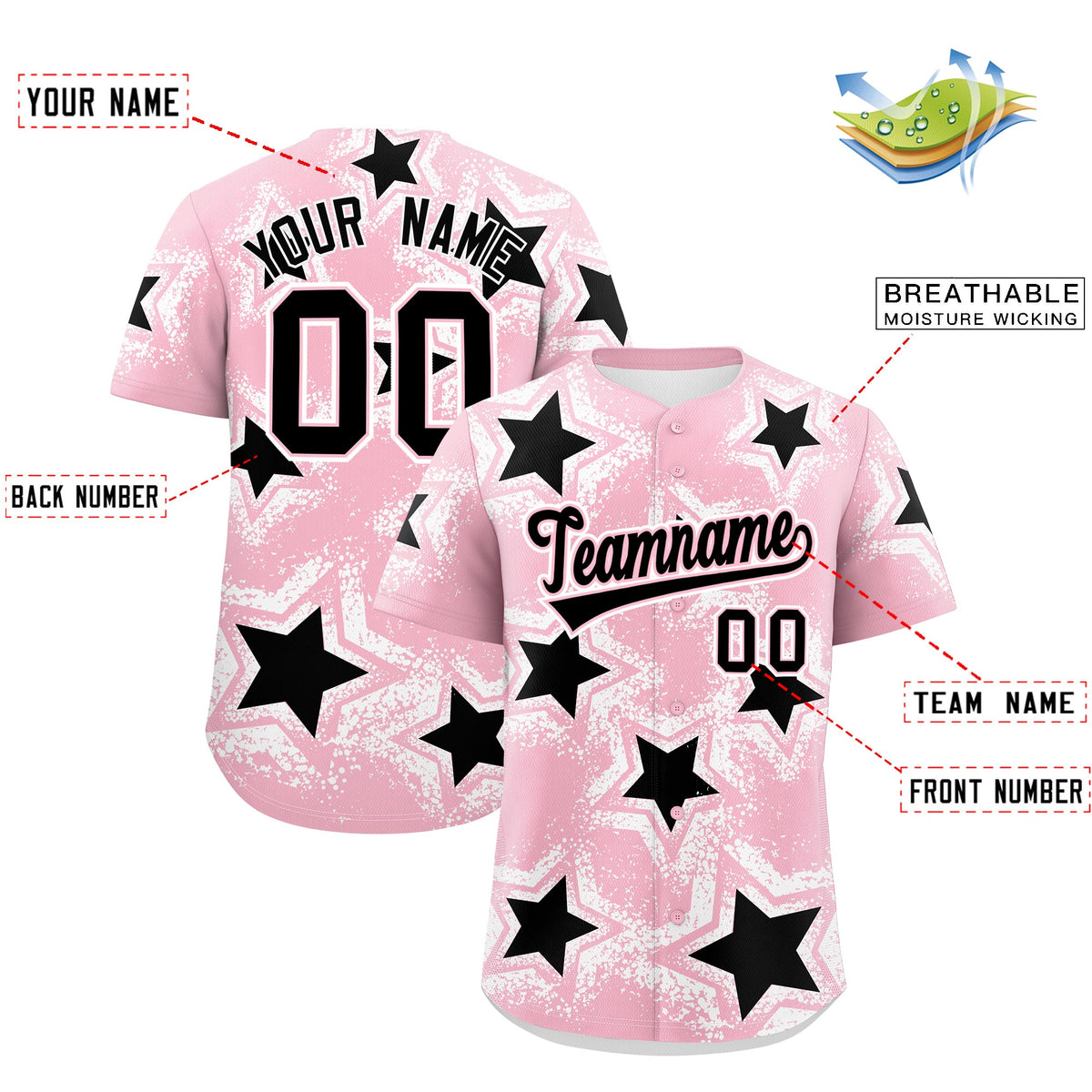 Custom Light Pink White Black Star Graffiti Team Baseball Jerseys With Custom Names, Numbers & Logos Stretch Fabric Baseball Jersey| KXKSHOP