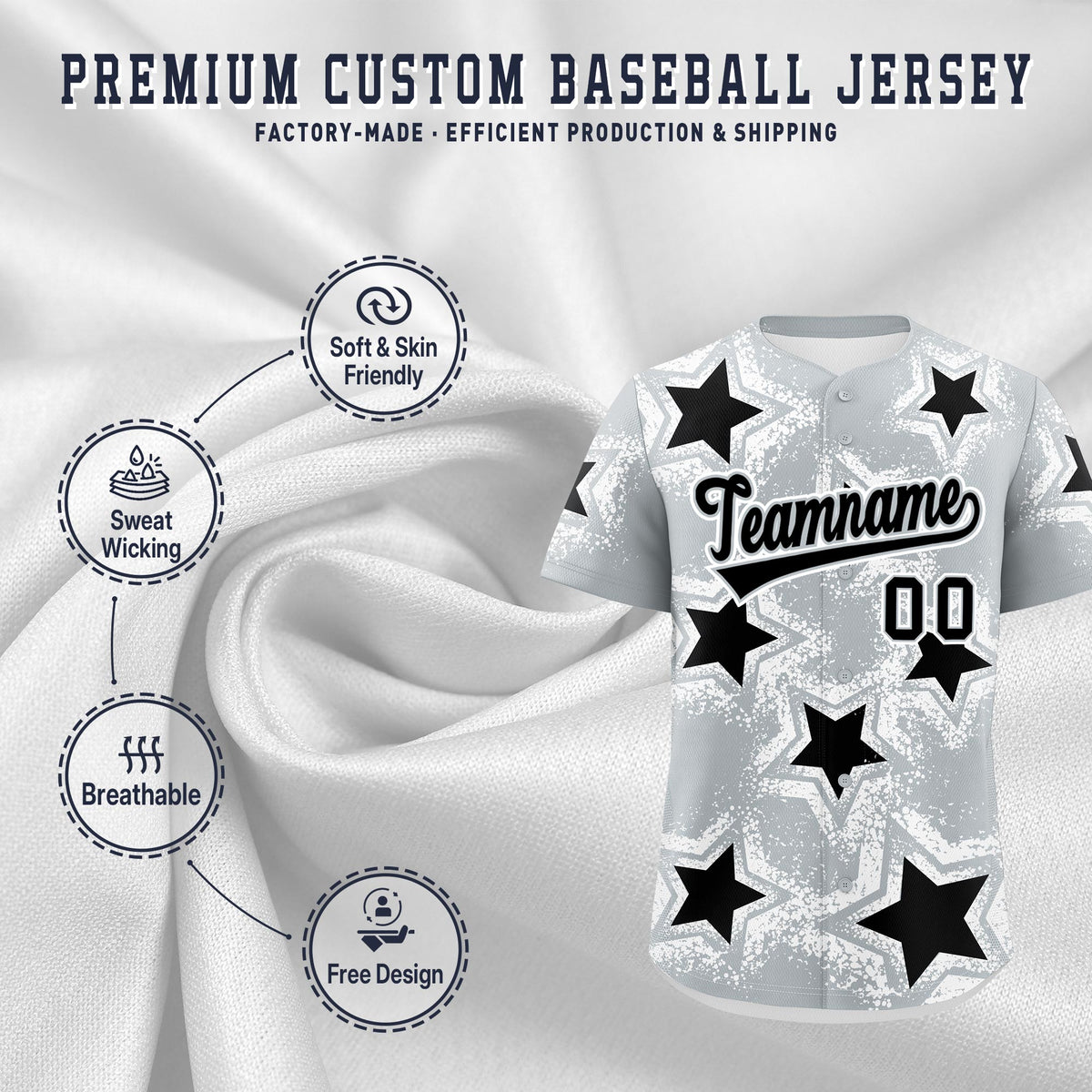 Custom Silver Black White Star Graffiti Team Baseball Jerseys With Custom Names, Numbers &amp; Logos Stretch Fabric Baseball Jersey| KXKSHOP