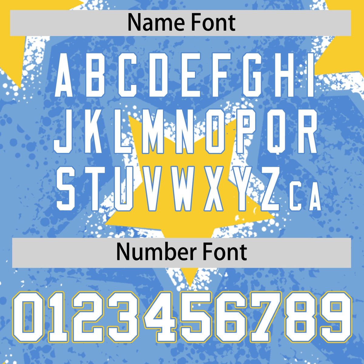 Custom Light Blue Gold White Star Graffiti Team Baseball Jerseys With Custom Names, Numbers & Logos Stretch Fabric Baseball Jersey| KXKSHOP
