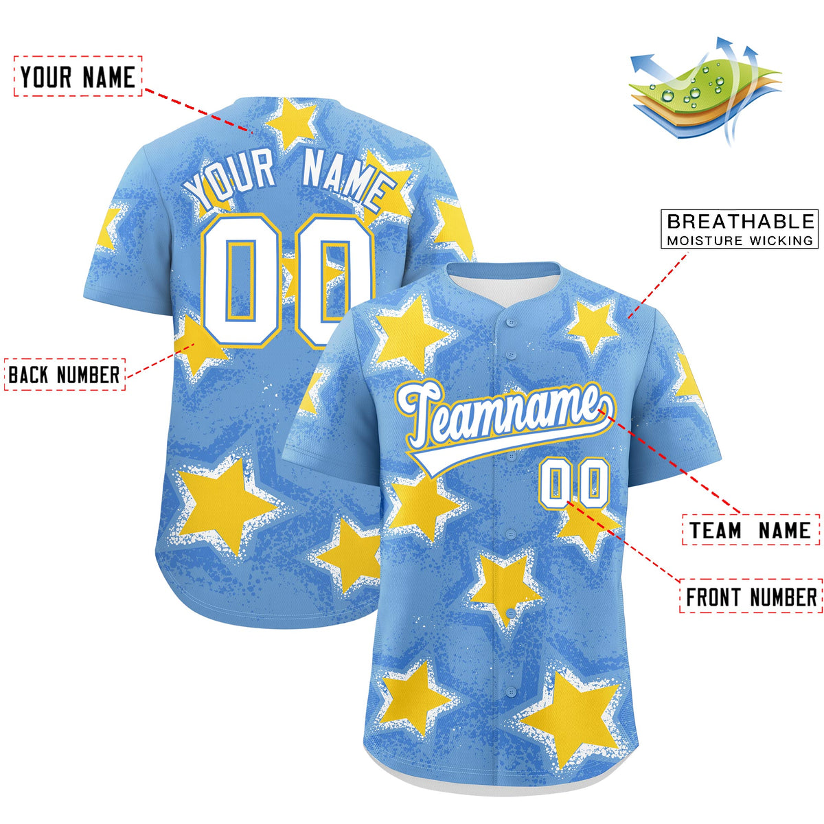 Custom Light Blue Gold White Star Graffiti Team Baseball Jerseys With Custom Names, Numbers &amp; Logos Stretch Fabric Baseball Jersey| KXKSHOP