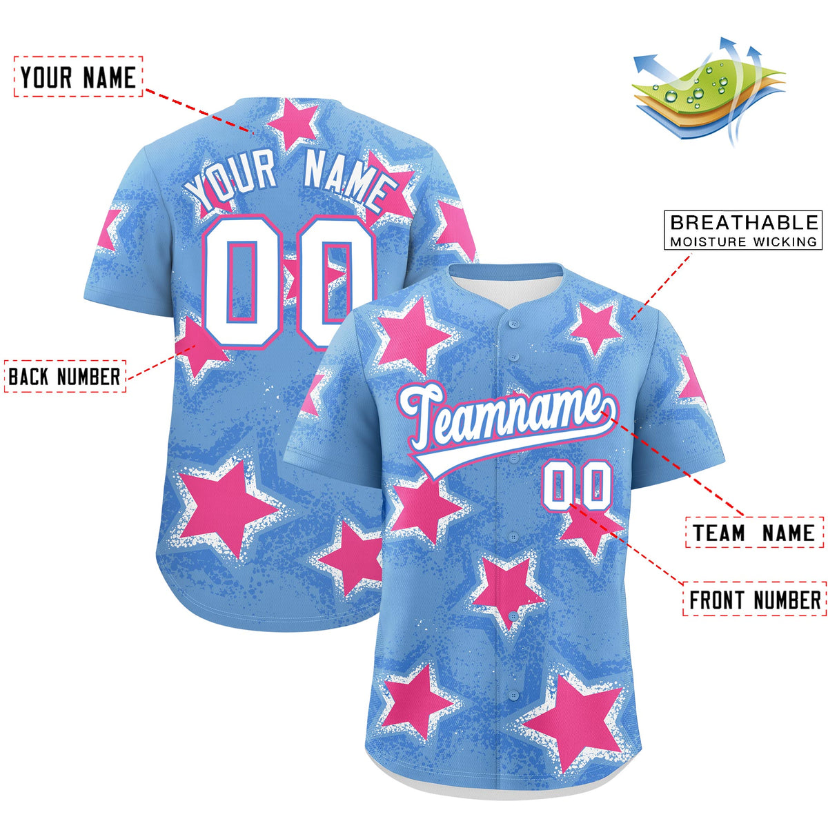 Custom Light Blue Powder Blue White Star Graffiti Team Baseball Jerseys With Custom Names, Numbers &amp; Logos Lightweight Baseball Jersey| KXKSHOP