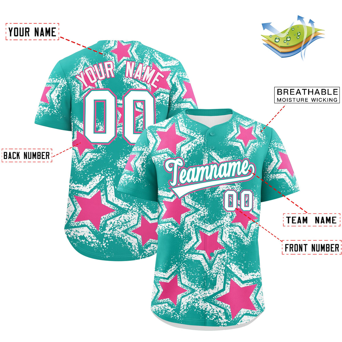 Custom Aqua White Pink Star Graffiti Team Baseball Jerseys With Custom Names, Numbers & Logos Stretch Fabric Baseball Jersey| KXKSHOP