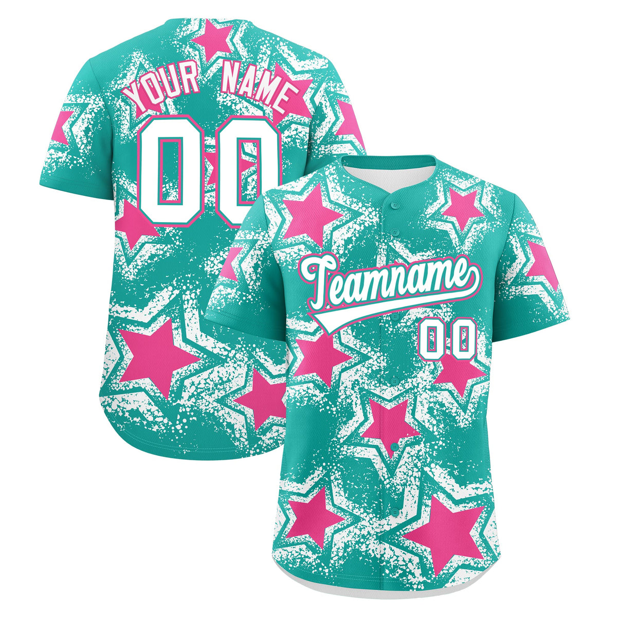 Custom Aqua White Pink Star Graffiti Team Baseball Jerseys With Custom Names, Numbers & Logos Stretch Fabric Baseball Jersey| KXKSHOP