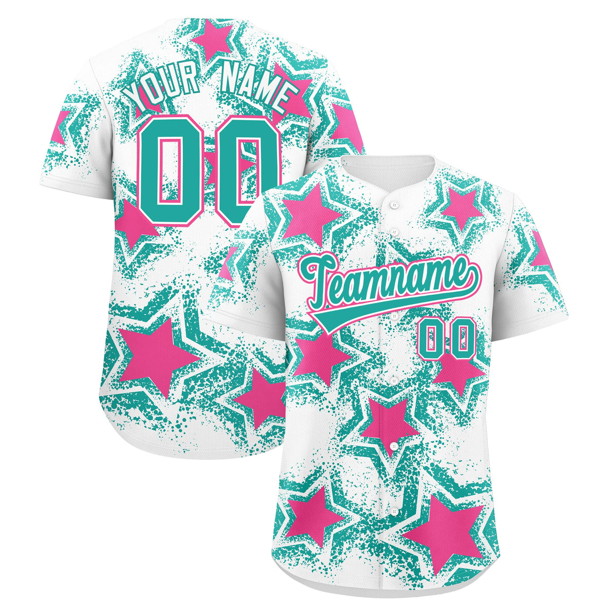 Custom White Aqua Pink Star Graffiti Team Baseball Jerseys With Custom Names, Numbers &amp; Logos Stretch Fabric Baseball Jersey| KXKSHOP