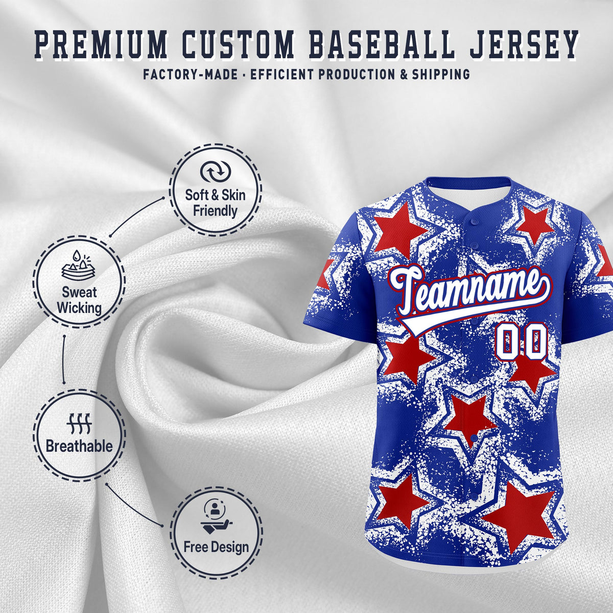 Custom Royal Blue White Red Star Graffiti Team Baseball Jerseys With Custom Names, Numbers & Logos Stretch Fabric Baseball Jersey| KXKSHOP