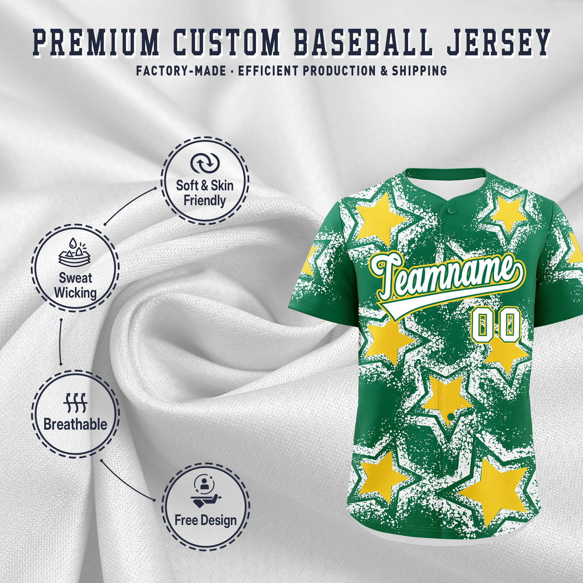 Custom Kelly Green White Gold Star Graffiti Team Baseball Jerseys With Custom Names, Numbers &amp; Logos Stretch Fabric Baseball Jersey| KXKSHOP