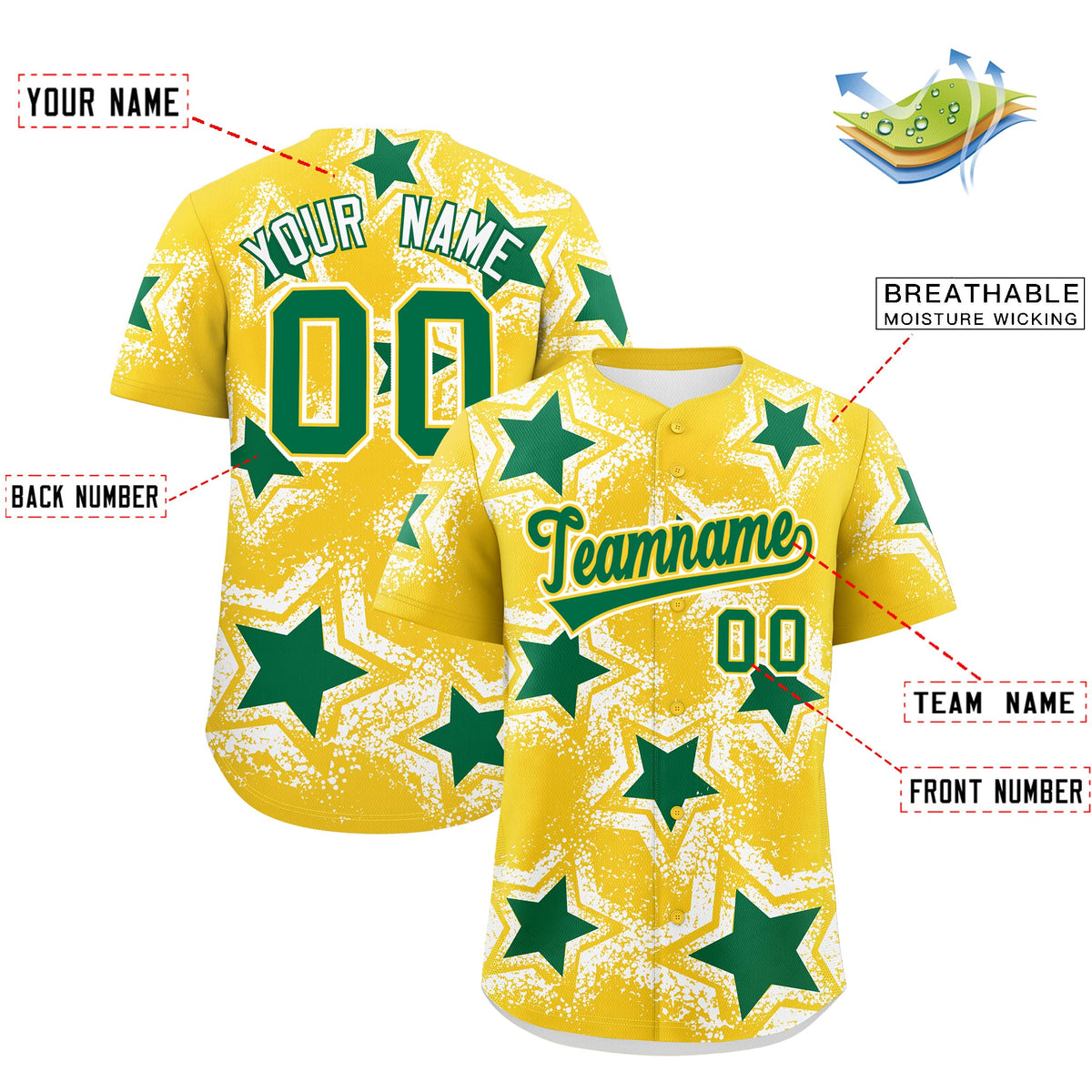Custom Gold White Kelly Green Star Graffiti Team Baseball Jerseys With Custom Names, Numbers &amp; Logos Lightweight Baseball Jersey| KXKSHOP