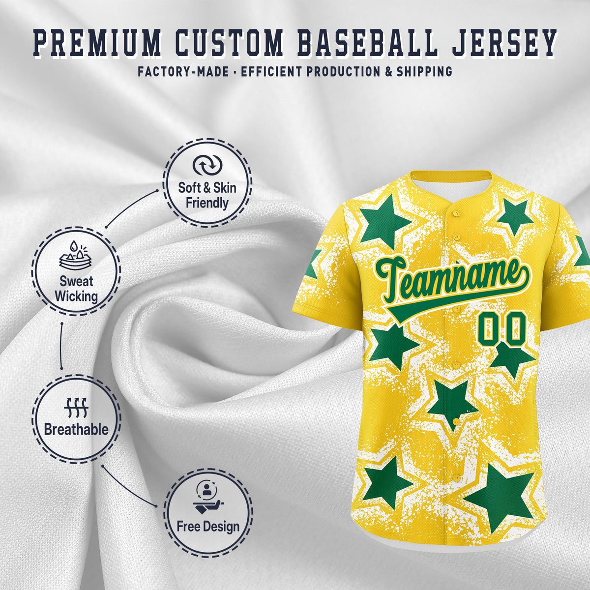 Custom Gold White Kelly Green Star Graffiti Team Baseball Jerseys With Custom Names, Numbers & Logos Lightweight Baseball Jersey| KXKSHOP