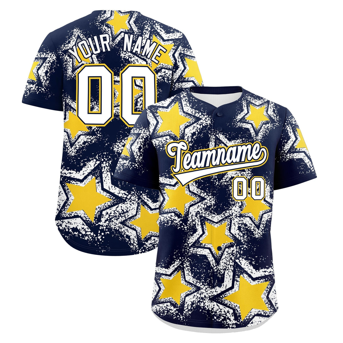 Custom Navy White Gold Star Graffiti Team Baseball Jerseys With Custom Names, Numbers & Logos Stretch Fabric Baseball Jersey| KXKSHOP
