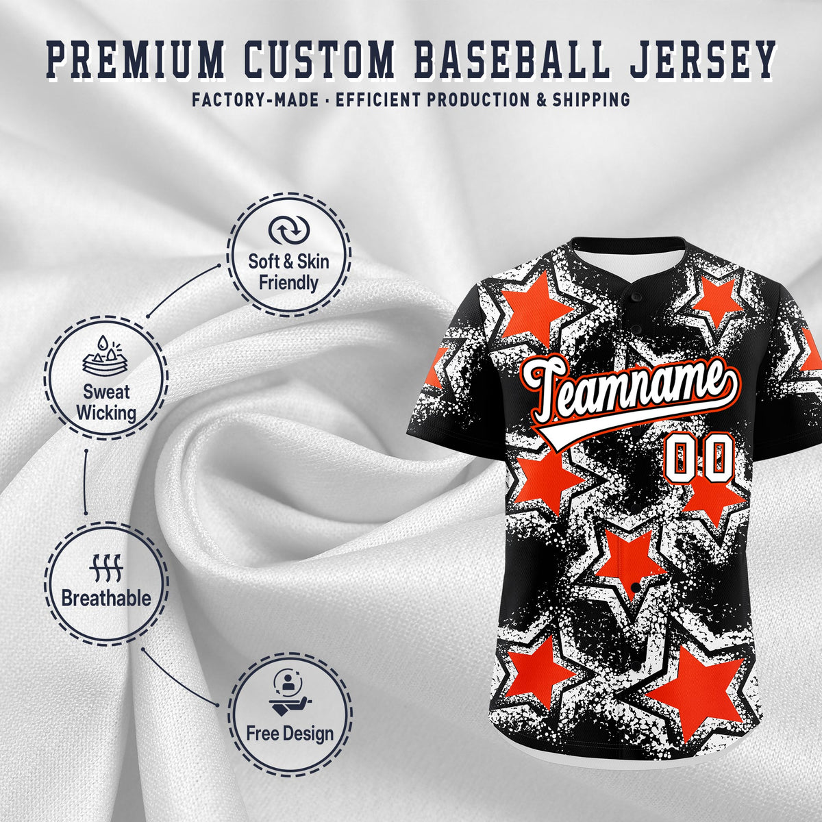 Custom Black White Orange Star Graffiti Team Baseball Jerseys With Custom Names, Numbers &amp; Logos Lightweight Baseball Jersey| KXKSHOP