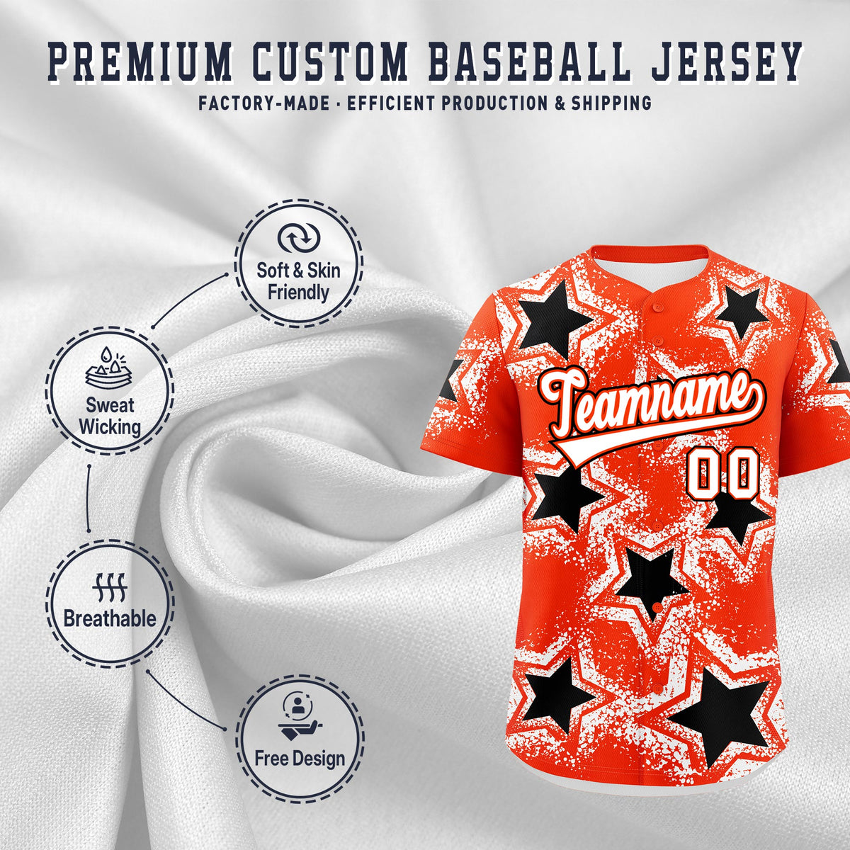 Custom Orange White Black Star Graffiti Team Baseball Jerseys With Custom Names, Numbers &amp; Logos Stretch Fabric Baseball Jersey| KXKSHOP