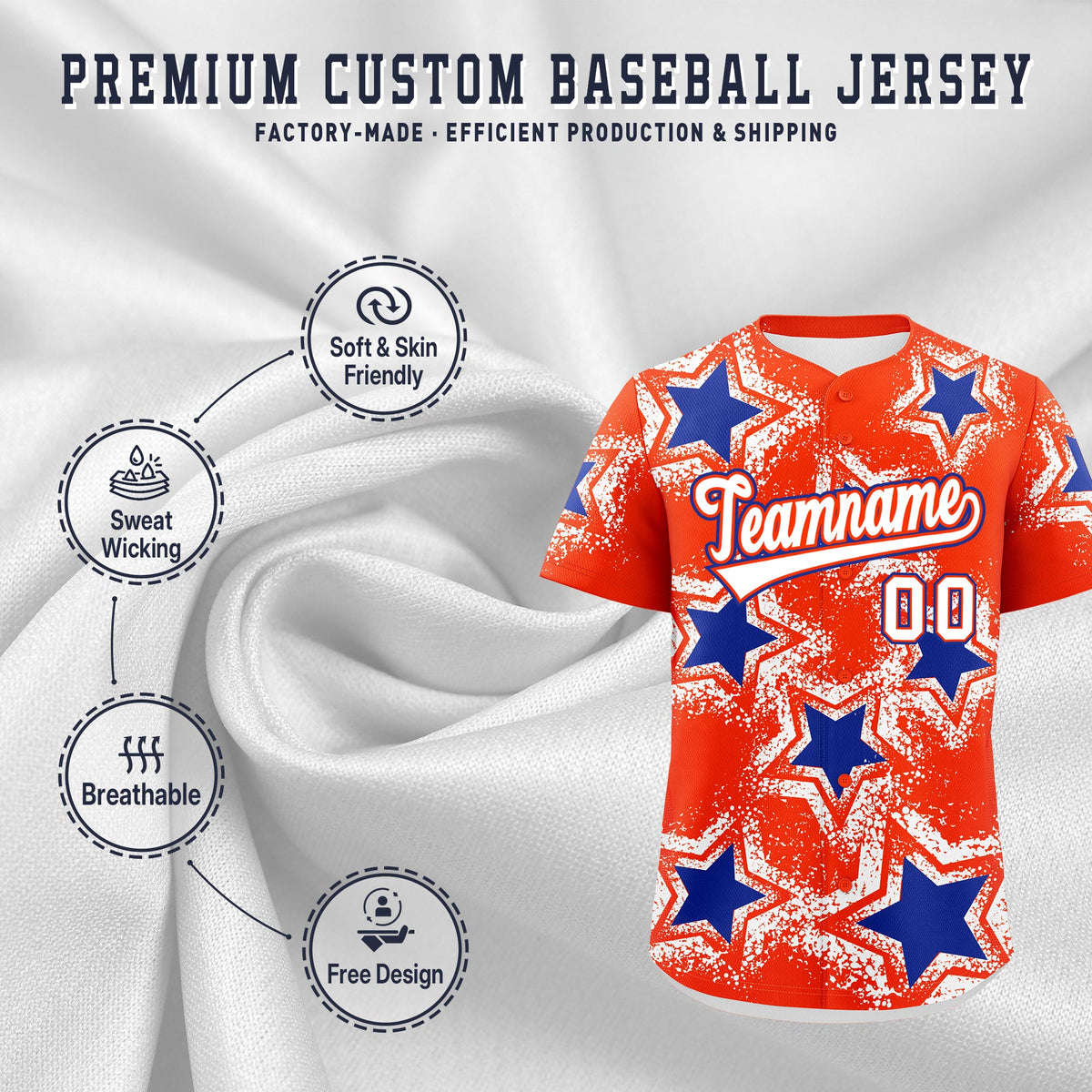 Custom Orange White Royal Blue Star Graffiti Team Baseball Jerseys With Custom Names, Numbers & Logos Lightweight Baseball Jersey| KXKSHOP