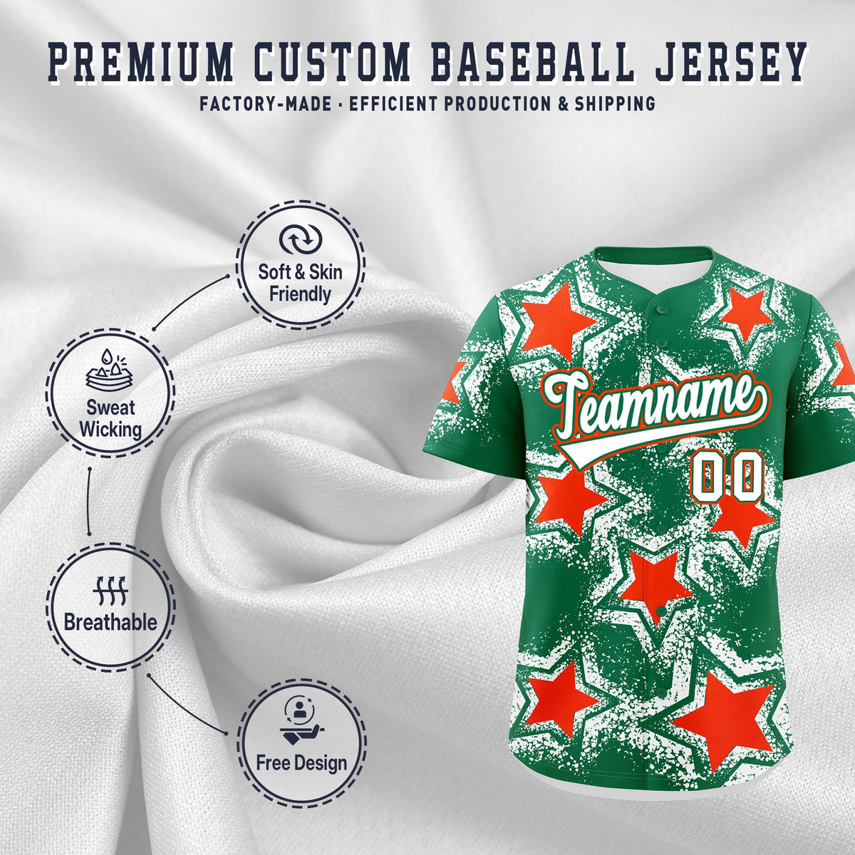 Custom Kelly Green White Orange Star Graffiti Team Baseball Jerseys With Custom Names, Numbers & Logos Stretch Fabric Baseball Jersey| KXKSHOP