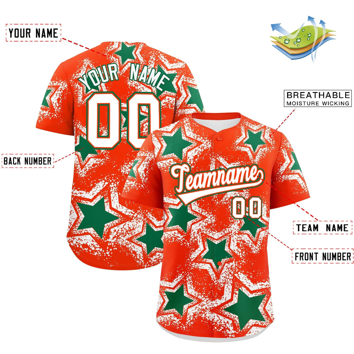 Custom Orange White Kelly Green Star Graffiti Team Baseball Jerseys With Custom Names, Numbers & Logos Lightweight Baseball Jersey| KXKSHOP