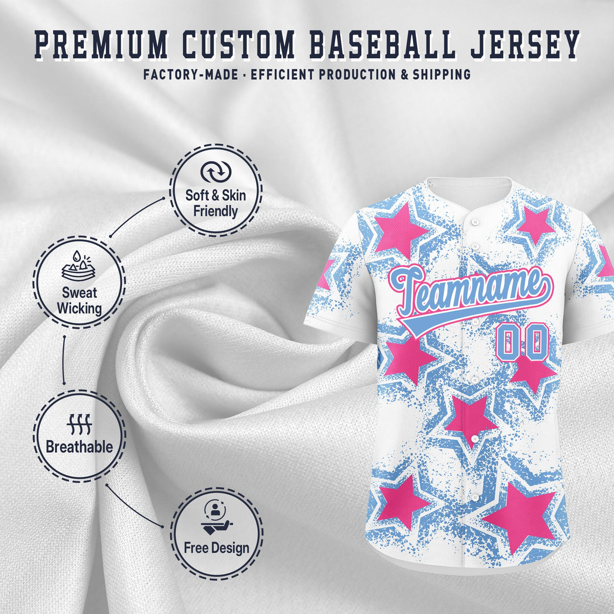 Custom White Light Blue Pink Star Graffiti Team Baseball Jerseys With Custom Names, Numbers & Logos Stretch Fabric Baseball Jersey| KXKSHOP