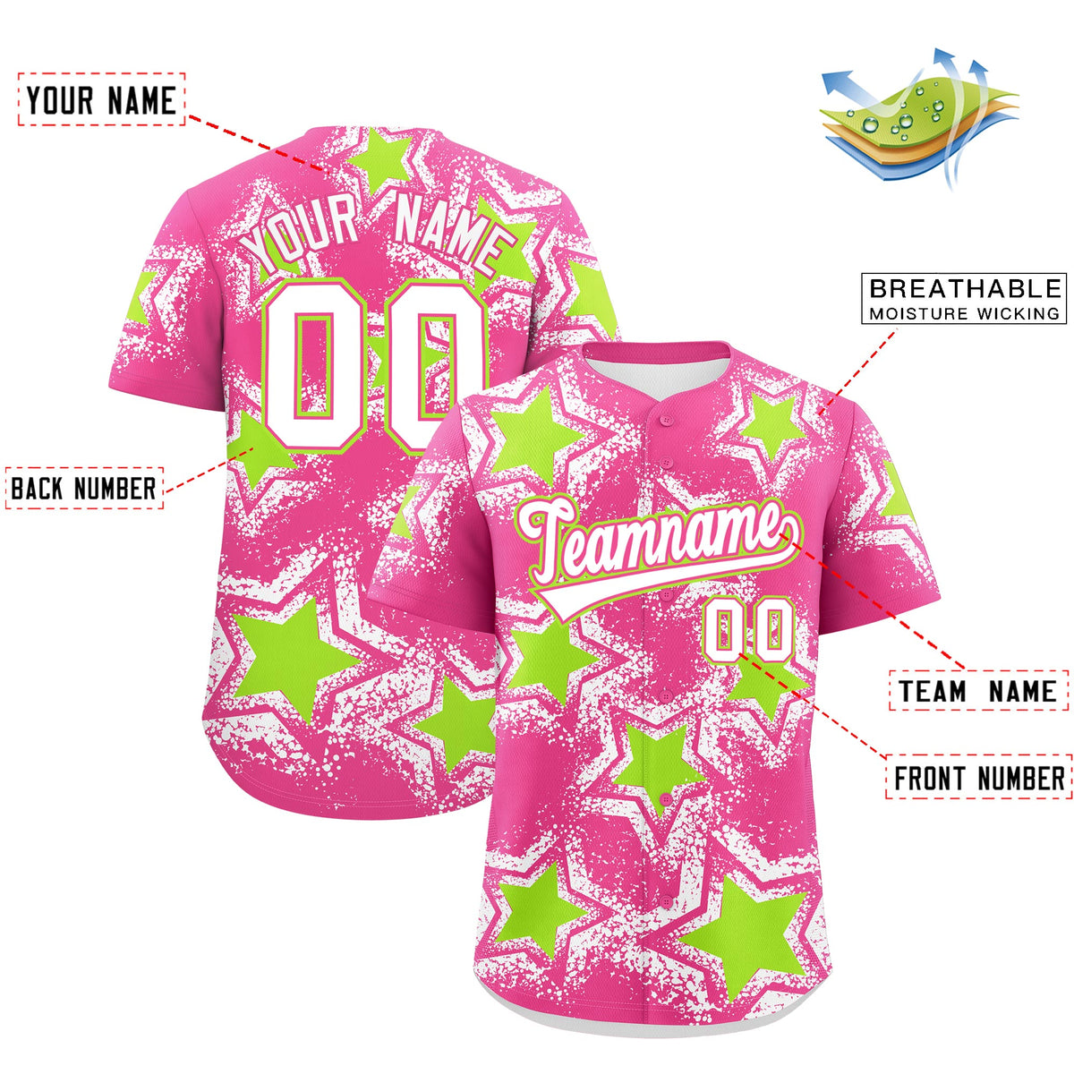 Custom Pink White Neon Green Star Graffiti Team Baseball Jerseys With Custom Names, Numbers &amp; Logos Lightweight Baseball Jersey| KXKSHOP
