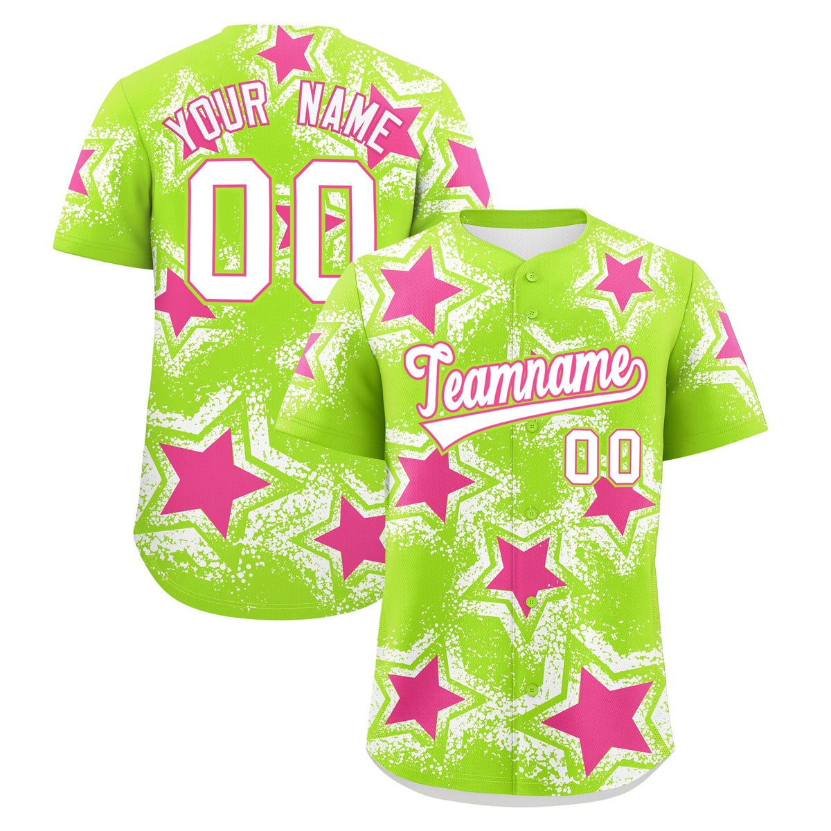 Custom Neon Green White Pink Star Graffiti Team Baseball Jerseys With Custom Names, Numbers & Logos Stretch Fabric Baseball Jersey| KXKSHOP