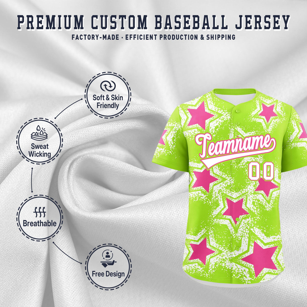 Custom Neon Green White Pink Star Graffiti Team Baseball Jerseys With Custom Names, Numbers &amp; Logos Stretch Fabric Baseball Jersey| KXKSHOP