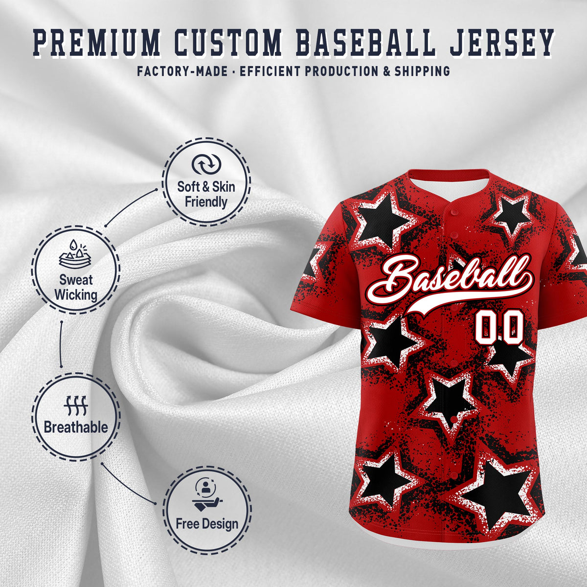 Custom Red Black White Star Graffiti Team Baseball Jerseys With Custom Names, Numbers &amp; Logos Lightweight Baseball Jersey| KXKSHOP