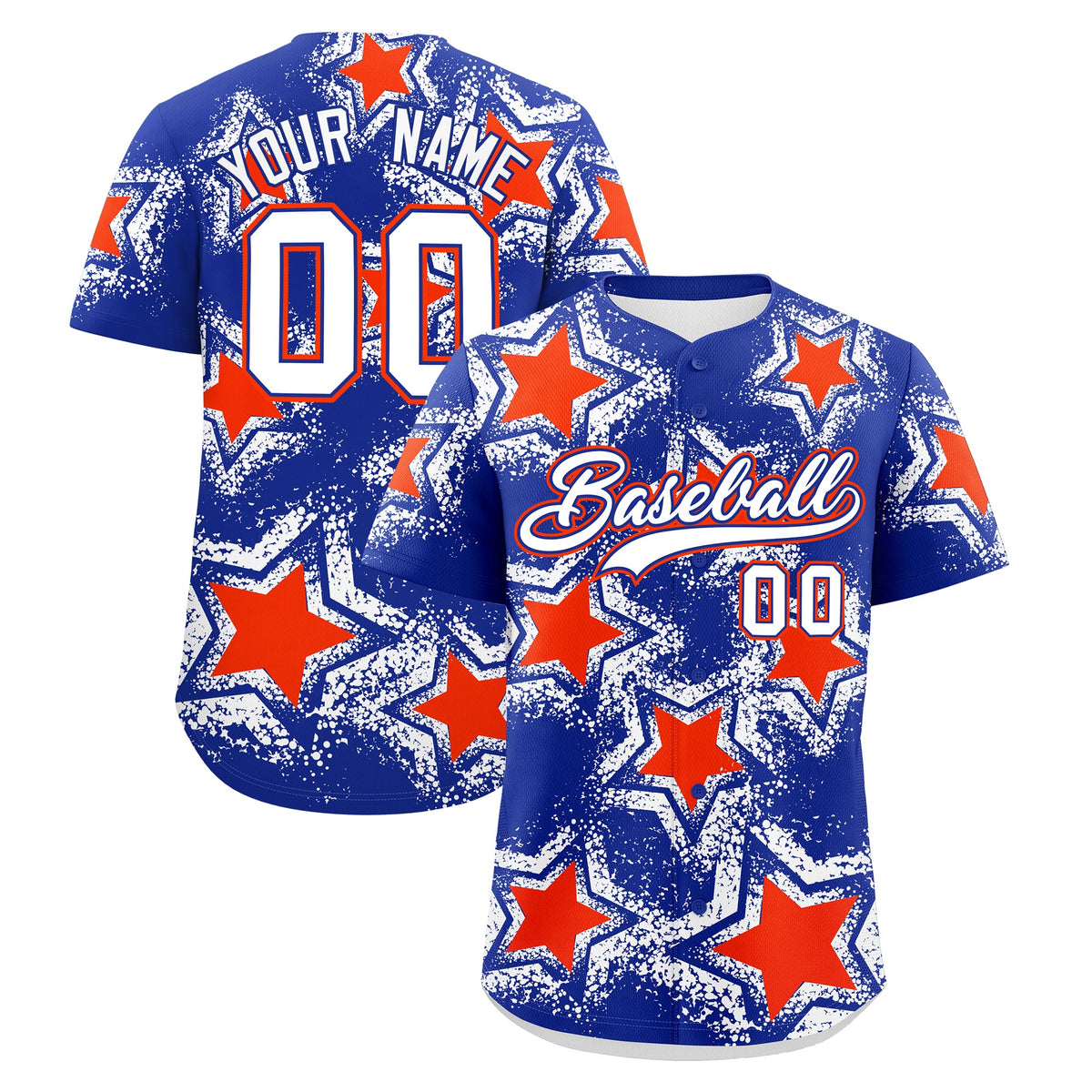 Custom Royal Blue Orange White Star Graffiti Team Baseball Jerseys With Custom Names, Numbers & Logos Stretch Fabric Baseball Jersey| KXKSHOP