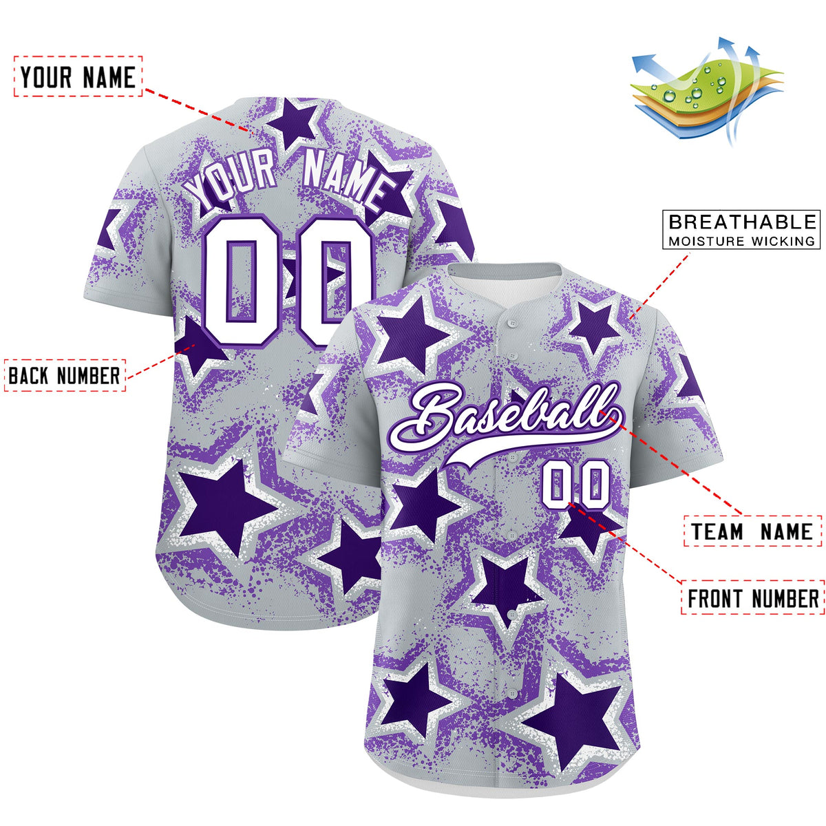 Custom Silver Purple White Star Graffiti Team Baseball Jerseys With Custom Names, Numbers & Logos Lightweight Baseball Jersey| KXKSHOP
