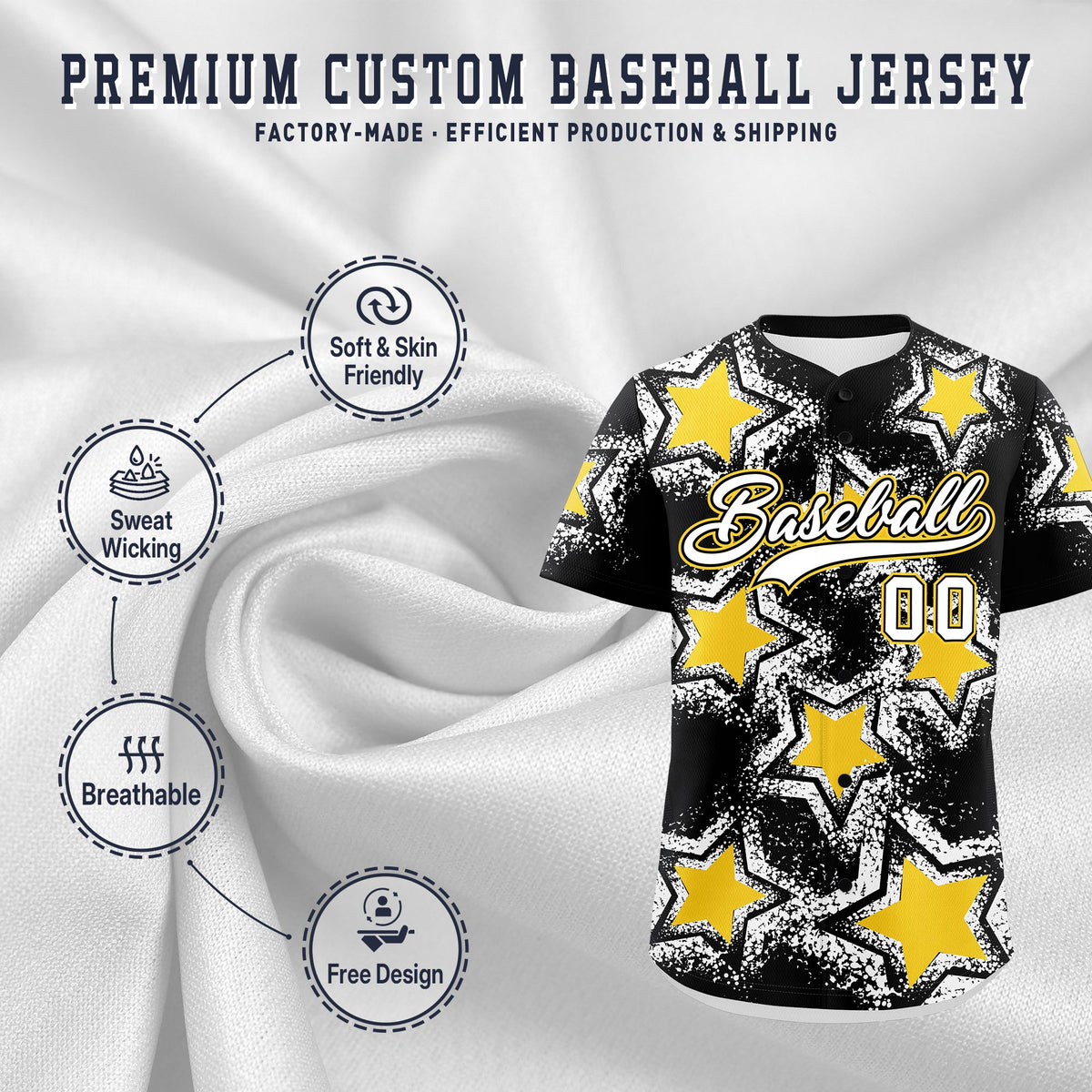 Custom Black Gold White Star Graffiti Team Baseball Jerseys With Custom Names, Numbers &amp; Logos Lightweight Baseball Jersey| KXKSHOP