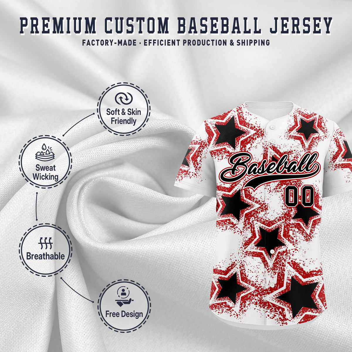 Custom White Black Red Star Graffiti Team Baseball Jerseys With Custom Names, Numbers &amp; Logos Stretch Fabric Baseball Jersey| KXKSHOP