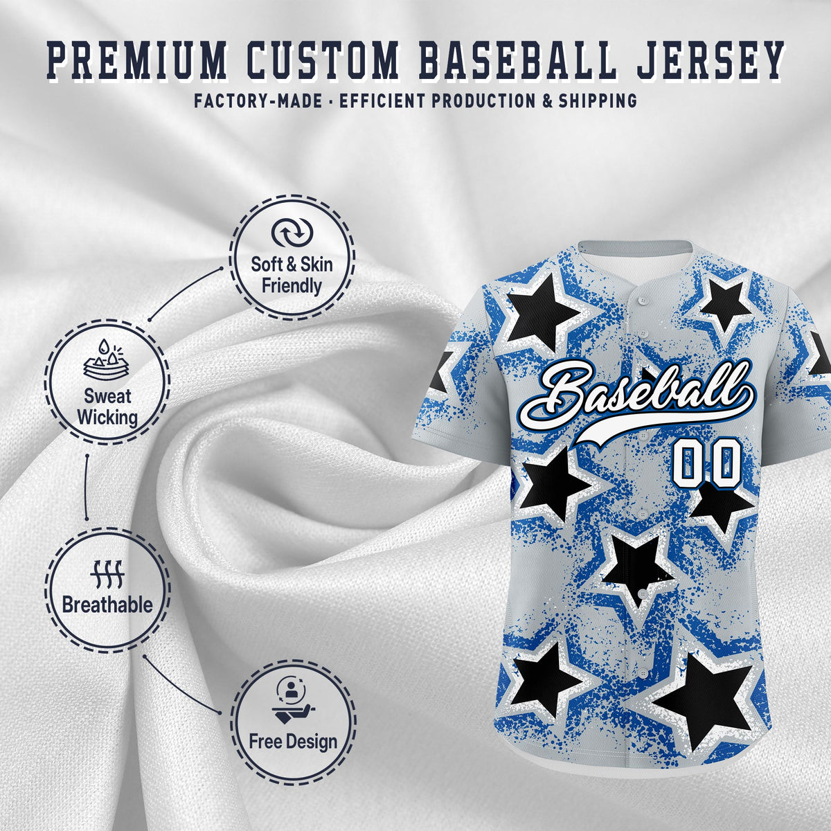Custom Silver Black Royal Star Graffiti Team Baseball Jerseys With Custom Names, Numbers &amp; Logos Lightweight Baseball Jersey| KXKSHOP